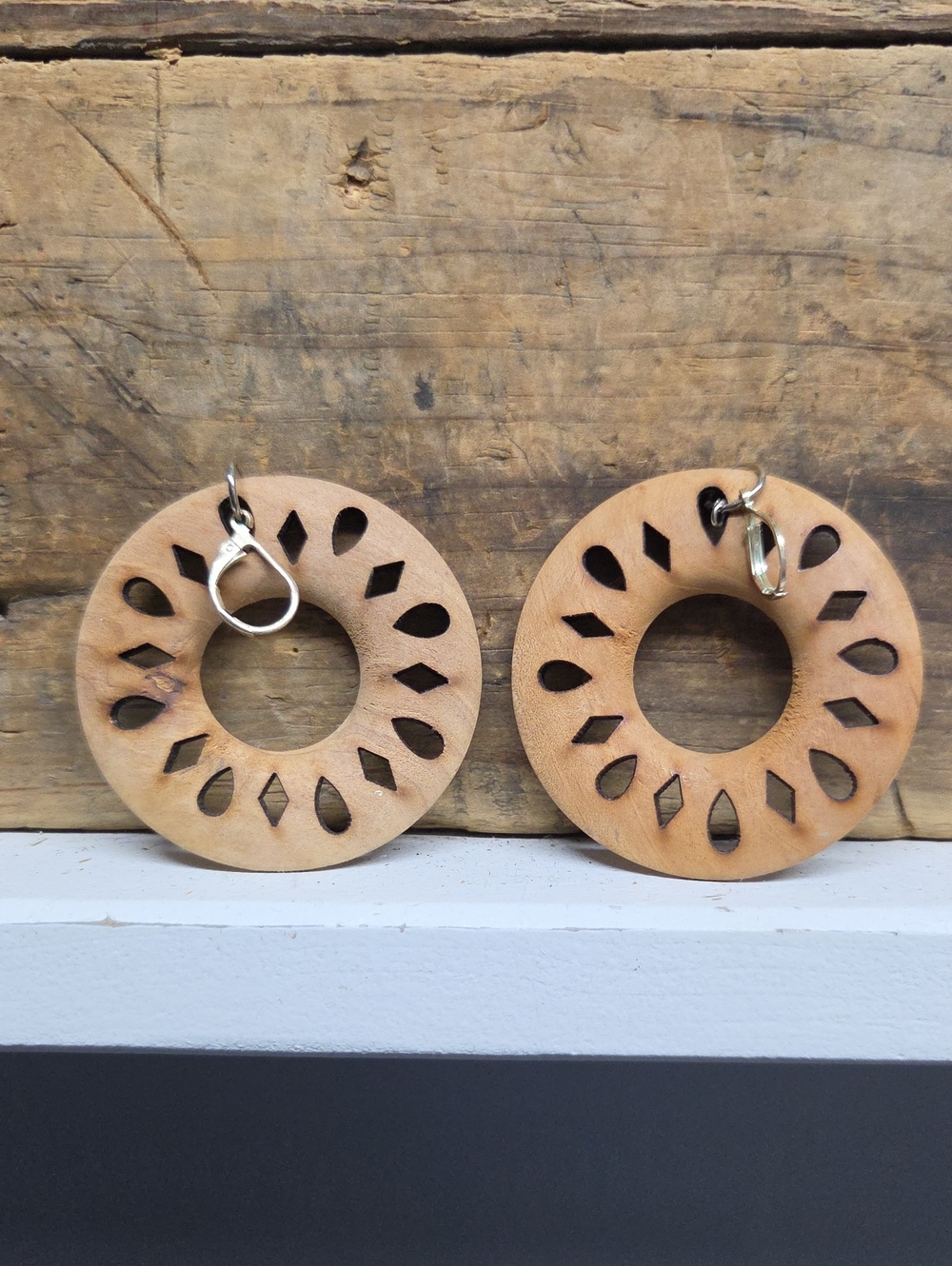 Round Wooden Cutout Hoop Earrings - Natural Brown